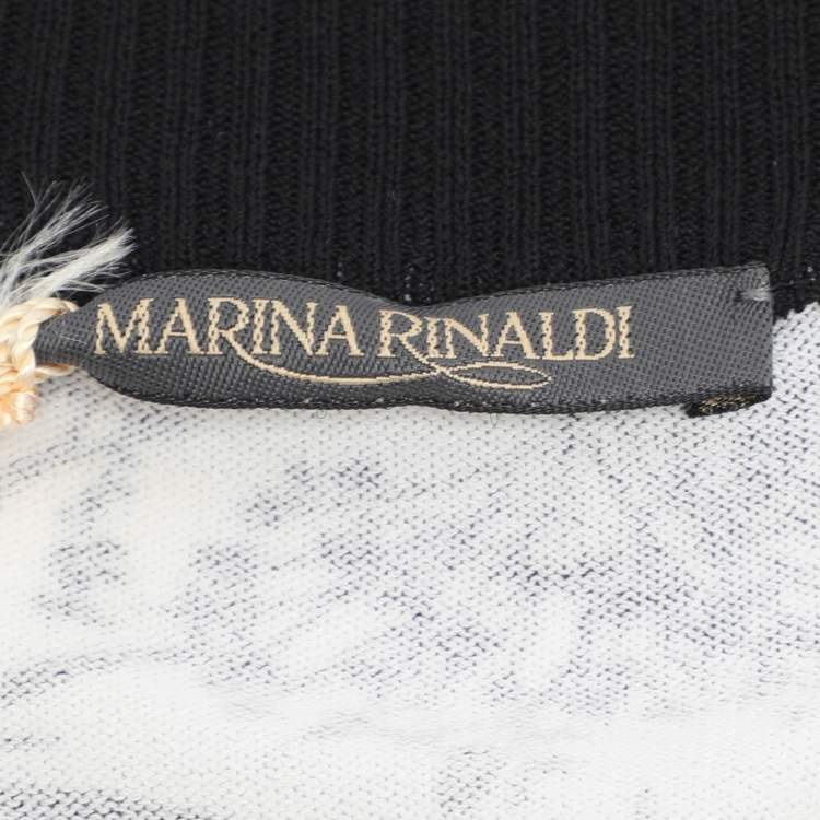Pre Owned Marina Rinaldi White/Black Printed Knit Embellished Neck Top XL