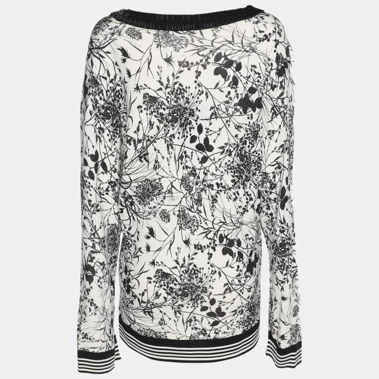 Pre Owned Marina Rinaldi White/Black Printed Knit Embellished Neck Top XL