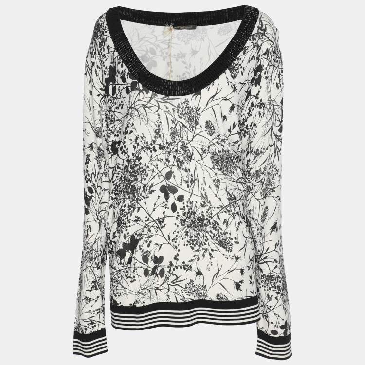 Pre Owned Marina Rinaldi White/Black Printed Knit Embellished Neck Top XL