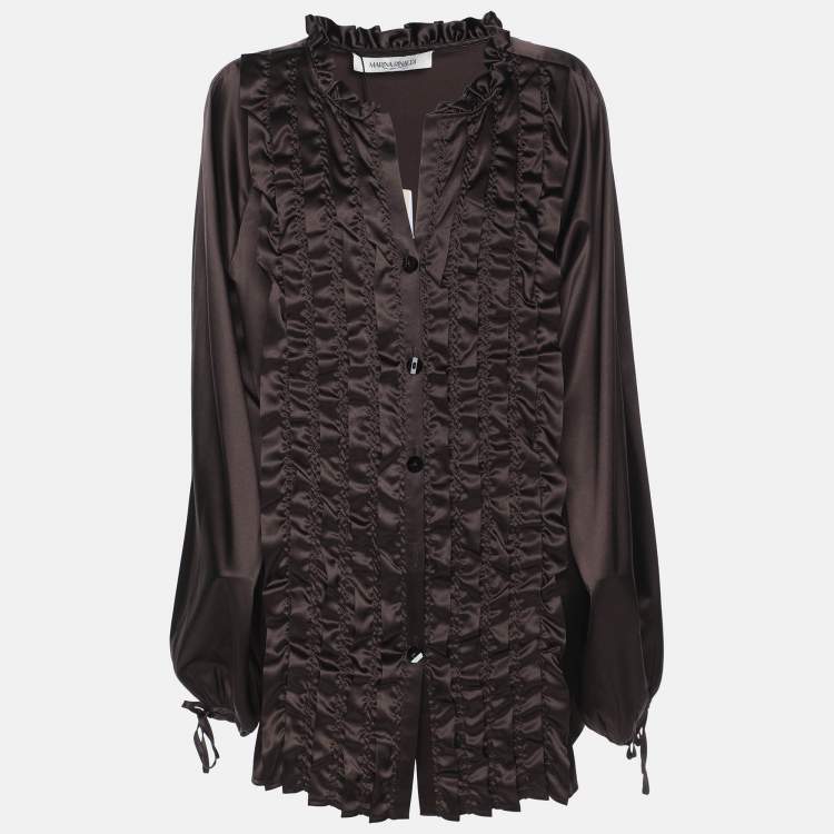 Pre Owned Marina Rinaldi Dark Brown Stretch Satin Ruffle Front Shirt L
