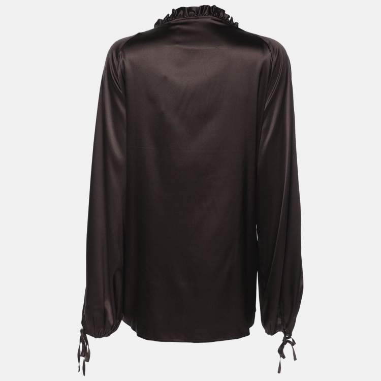 Pre Owned Marina Rinaldi Dark Brown Stretch Satin Ruffle Front Shirt L