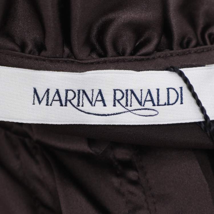Pre Owned Marina Rinaldi Dark Brown Stretch Satin Ruffle Front Shirt L