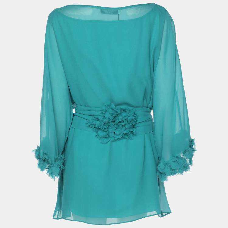 Pre Owned Marina Rinaldi Teal Silk Floral Applique Belted Top L