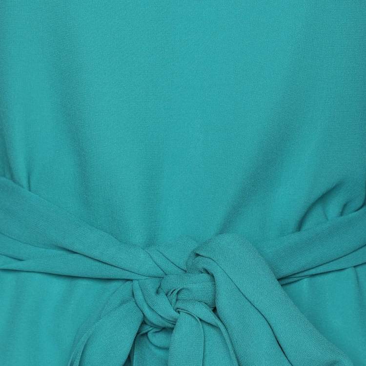 Pre Owned Marina Rinaldi Teal Silk Floral Applique Belted Top L