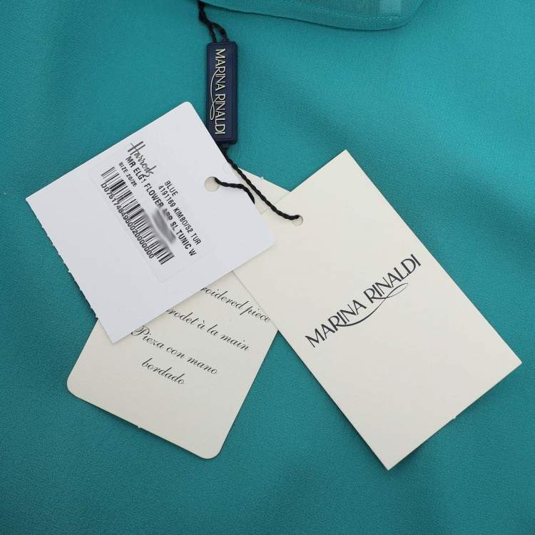 Pre Owned Marina Rinaldi Teal Silk Floral Applique Belted Top L