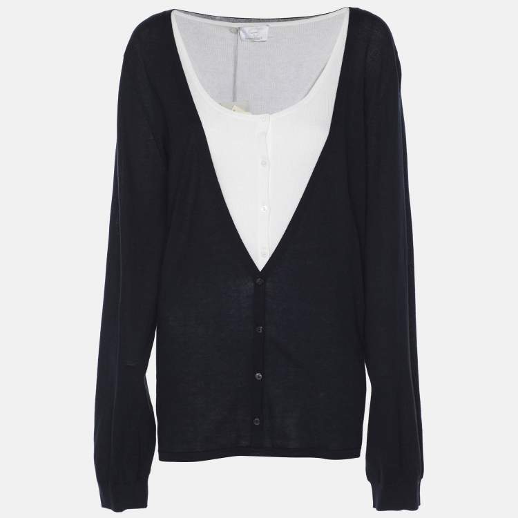 Pre Owned Voyage by Marina Rinaldi Navy Blue/White Knit Shrug L