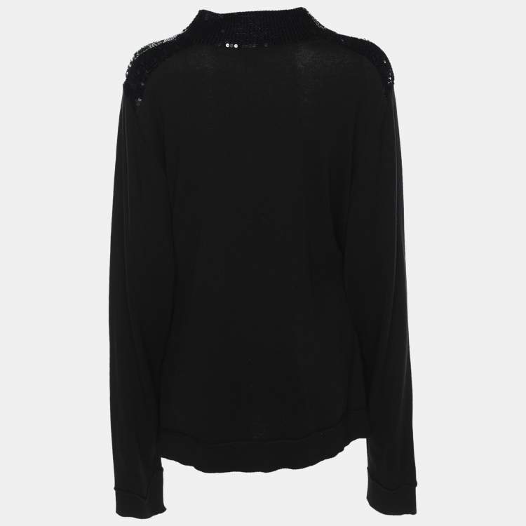 Pre Owned Marina Sport by Marina Rinaldi Black Knit Sequin Embellished Front Zip Sweater XL