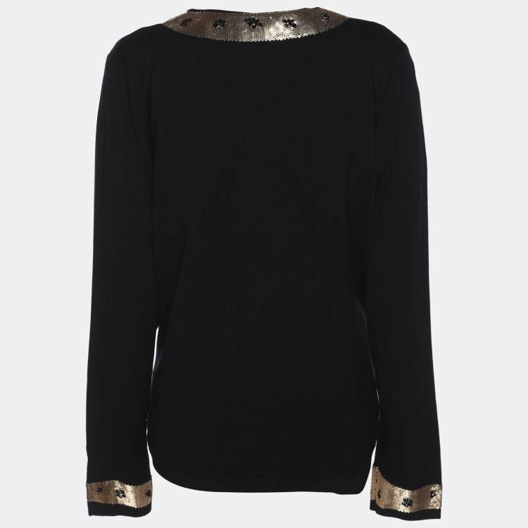 Pre Owned Marina Rinaldi Black/Gold Jersey Sequin Embellished Cardigan Set L