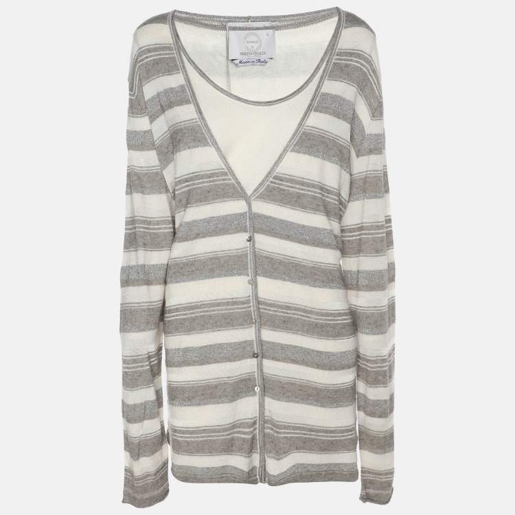 Pre Owned Voyage by Marina Rinaldi Grey/Off White Stripe Stretch Knit Cardigan Set L