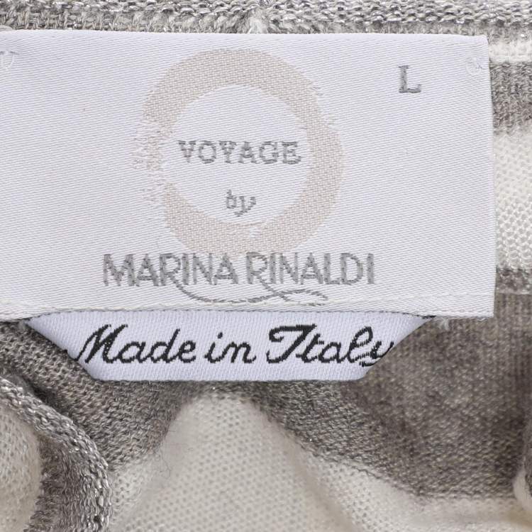 Pre Owned Voyage by Marina Rinaldi Grey/Off White Stripe Stretch Knit Cardigan Set L