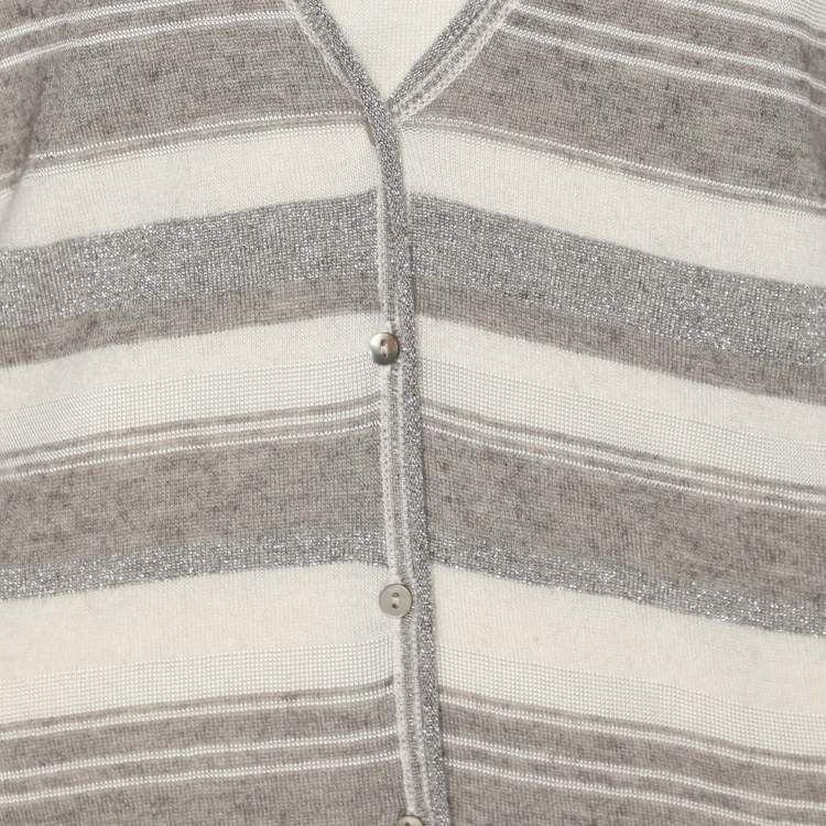 Pre Owned Voyage by Marina Rinaldi Grey/Off White Stripe Stretch Knit Cardigan Set L