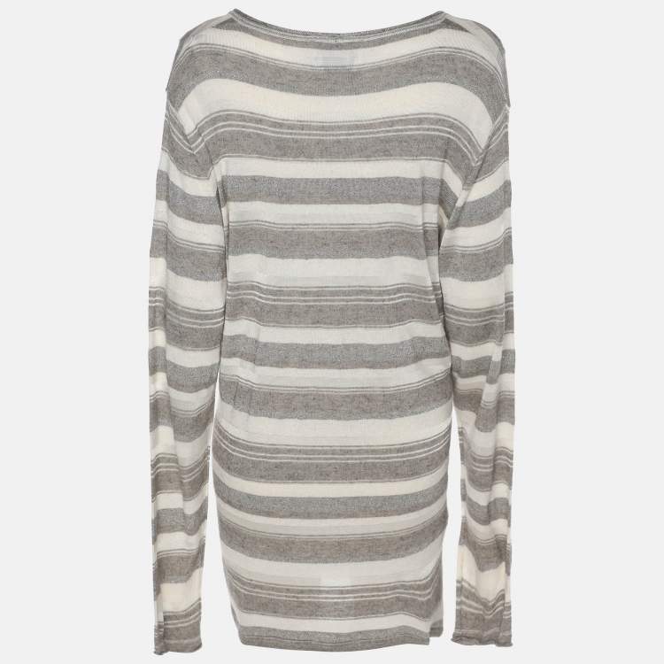 Pre Owned Voyage by Marina Rinaldi Grey/Off White Stripe Stretch Knit Cardigan Set L