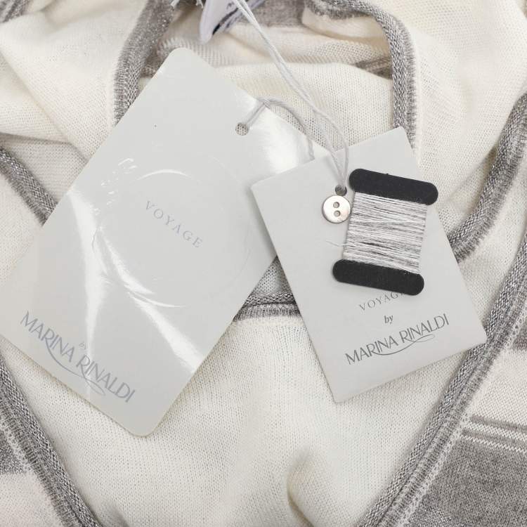 Pre Owned Voyage by Marina Rinaldi Grey/Off White Stripe Stretch Knit Cardigan Set L