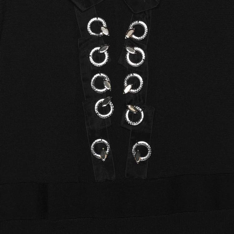 Pre Owned Marina Rinaldi Black Stretch Knit Embellished Long Sleeve Blouse L