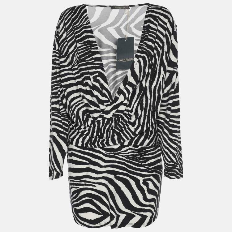 Pre Owned Marina Rinaldi Black/White Zebra Print Jersey V Neck Tops L