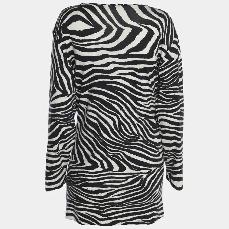 Pre Owned Marina Rinaldi Black/White Zebra Print Jersey V Neck Tops L