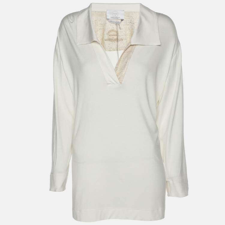 Pre Owned Voyage by Marina Rinaldi Cream Stretch Knit V Neck Tops L
