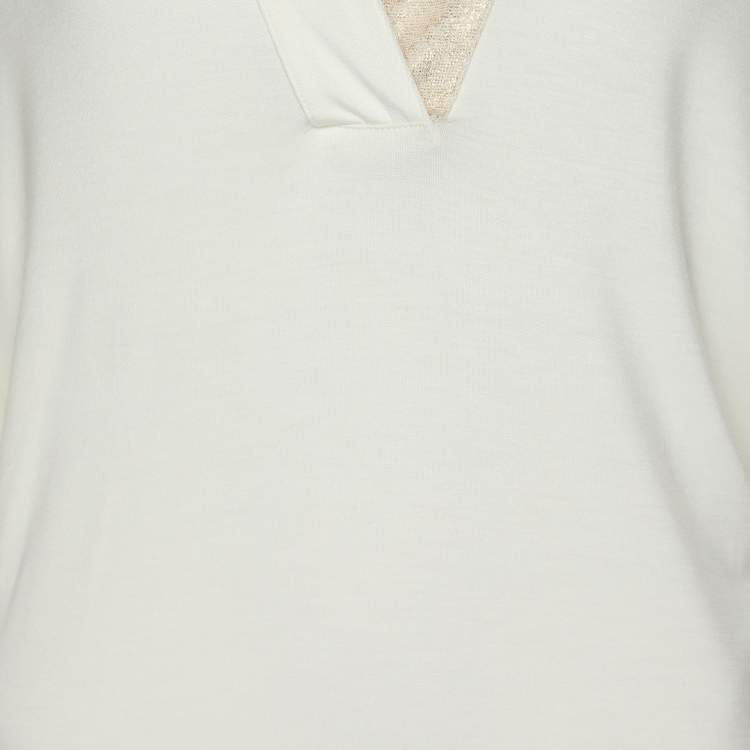 Pre Owned Voyage by Marina Rinaldi Cream Stretch Knit V Neck Tops L