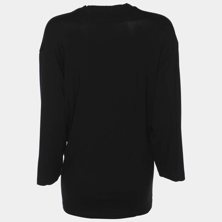 Pre Owned Marina Rinaldi Black Jersey 3/4 Sleeve V Neck Blouse L