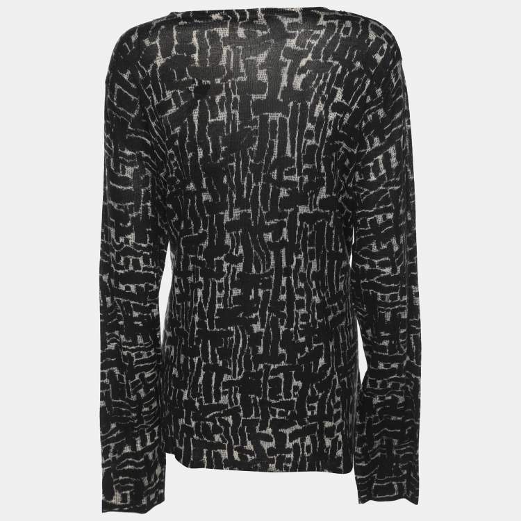 Pre Owned Marina Rinaldi Black/Off White Stretch Knit Scoop Neck Sweater L