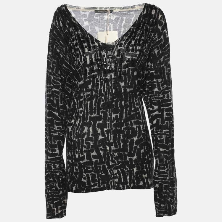 Pre Owned Marina Rinaldi Black/Off White Stretch Knit Scoop Neck Sweater L