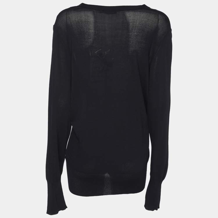 Pre Owned Marina Rinaldi Navy Blue Stretch Knit V Neck Sweater L