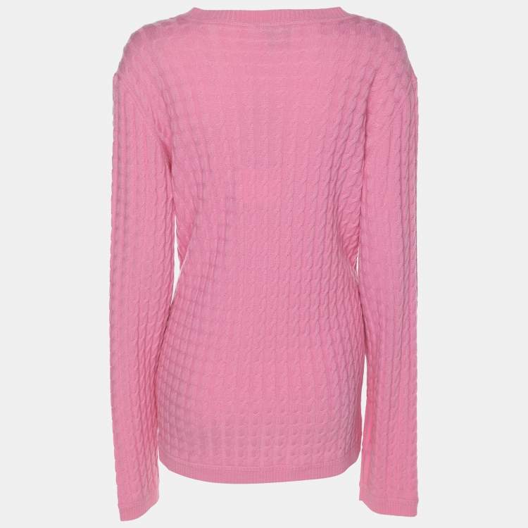 Pre Owned Voyage by Marina Rinaldi Pink Cable Knit V Neck Sweater L