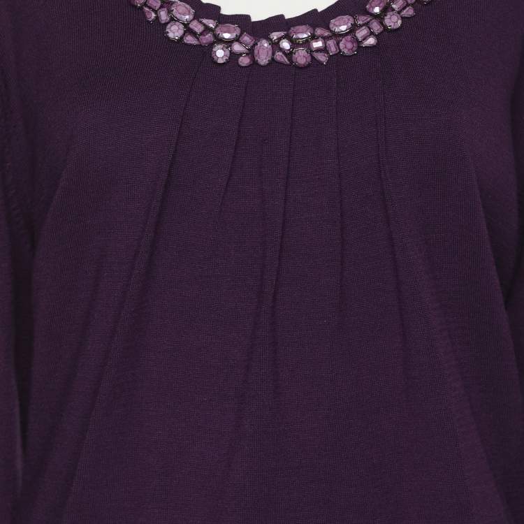 Pre Owned Marina Rinaldi Purple Stretch Knit Crystal Embellished Sweater L