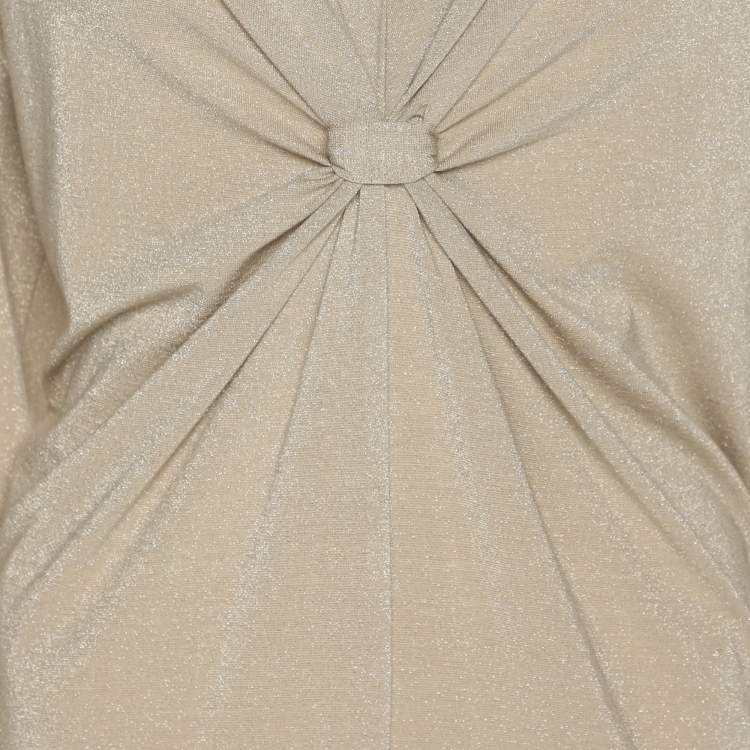 Pre Owned Marina Rinaldi Metallic Beige Lurex Knit Knot Front Shirt L