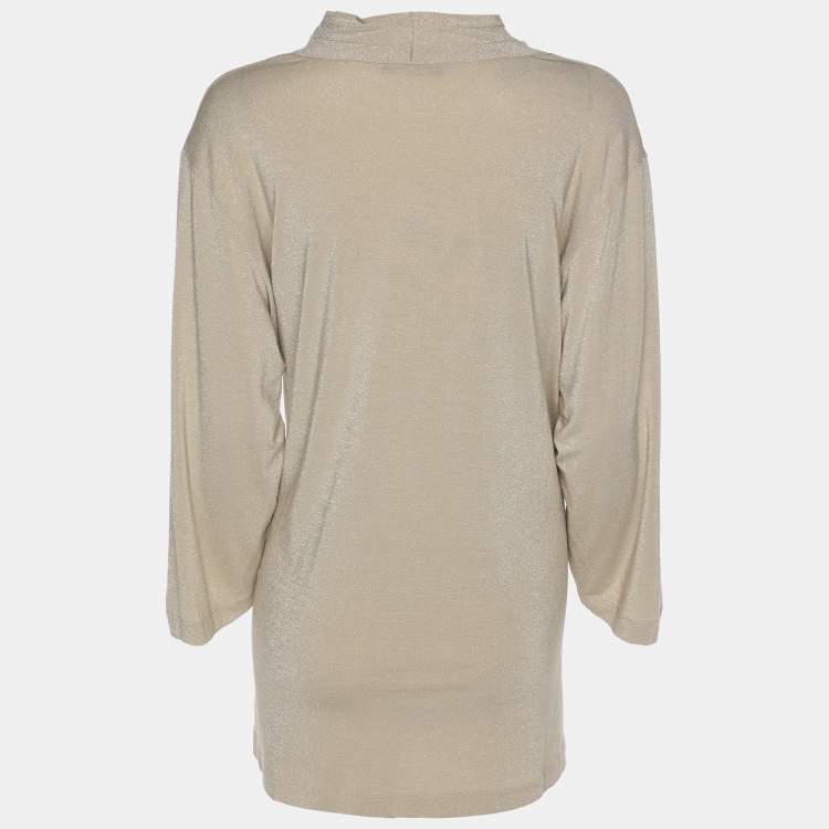 Pre Owned Marina Rinaldi Metallic Beige Lurex Knit Knot Front Shirt L