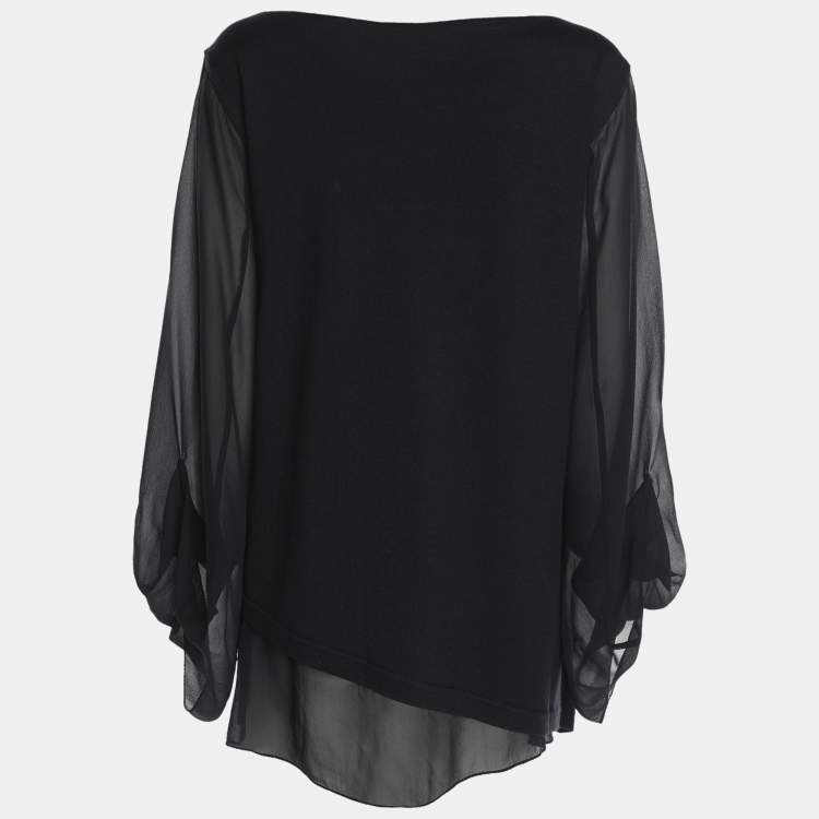 Pre Owned Marina Rinaldi Black Jersey and Chiffon Sleeves Tops L