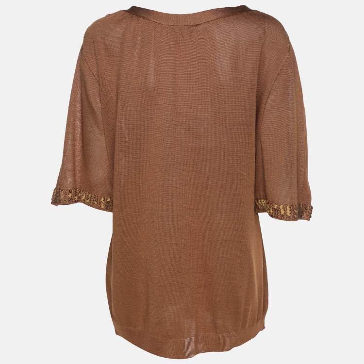 Pre Owned Marina Rinaldi Brown Stretch Knit 3/4 Sleeve Sweater XL