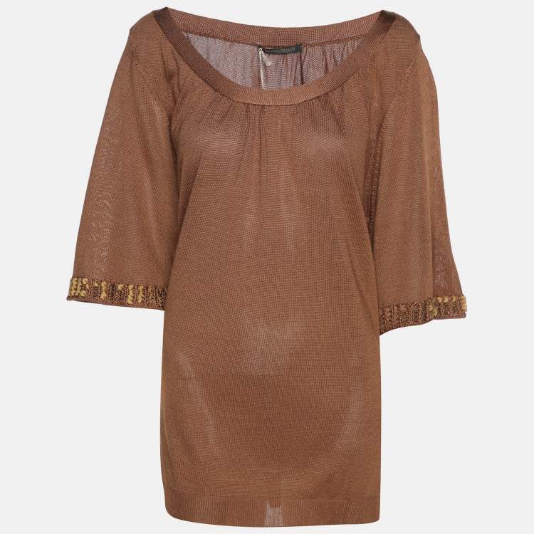 Pre Owned Marina Rinaldi Brown Stretch Knit 3/4 Sleeve Sweater XL