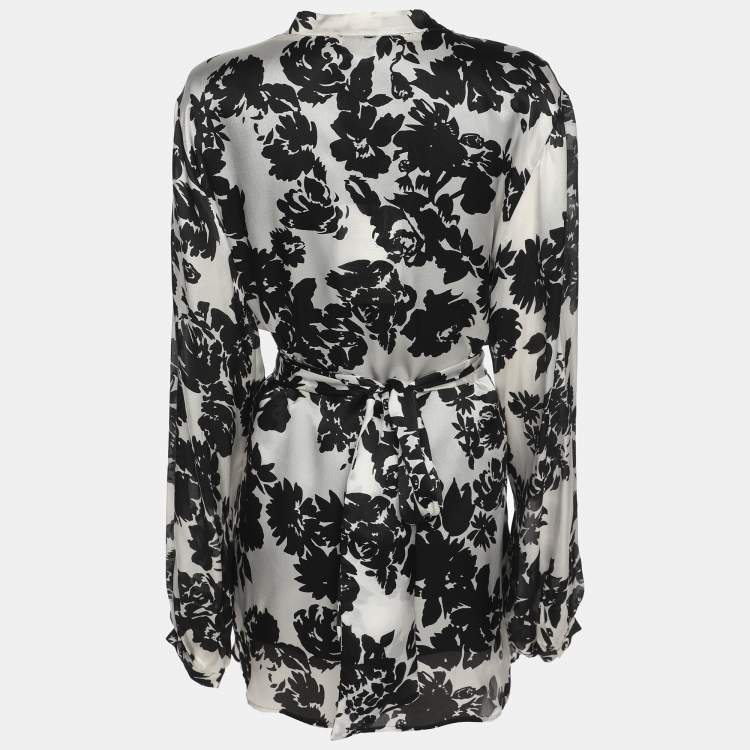 Pre Owned Marina Rinaldi White/Black Printed Chiffon Long Sleeve Shirt L