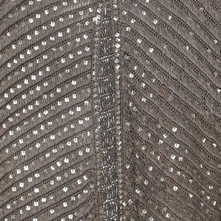 Pre Owned Marina Rinaldi Grey Knit Sequins Long Sleeve Cardigan L