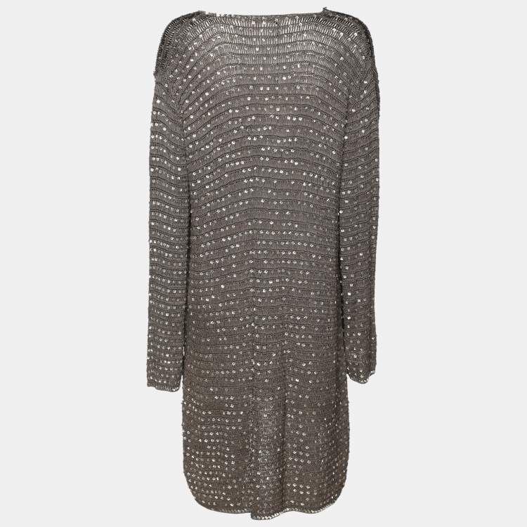 Pre Owned Marina Rinaldi Grey Knit Sequins Long Sleeve Cardigan L