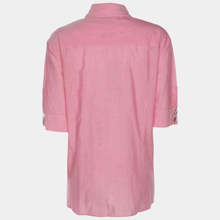Pre Owned Marina Rinaldi Pink Striped Cotton Button Front Short Sleeve Shirt L