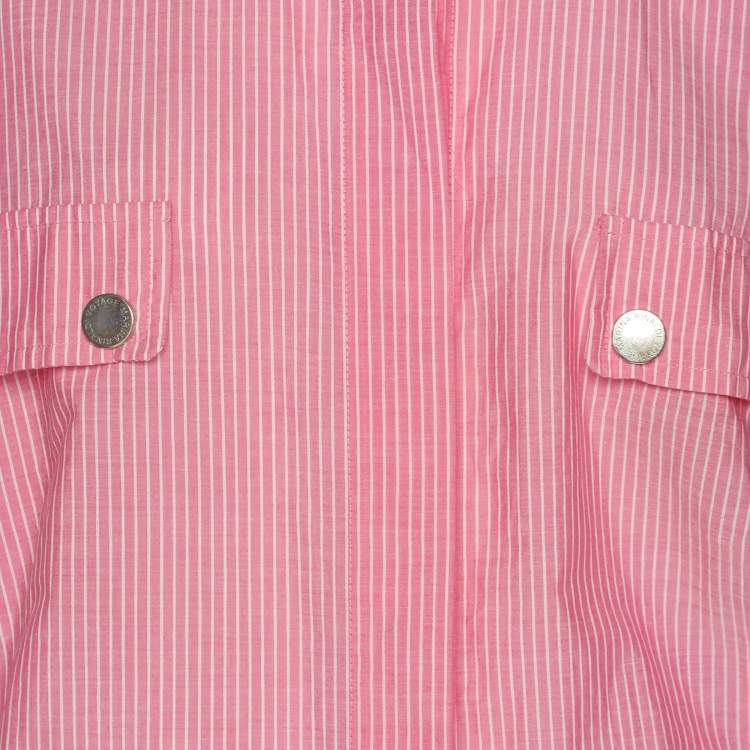 Pre Owned Marina Rinaldi Pink Striped Cotton Button Front Short Sleeve Shirt L