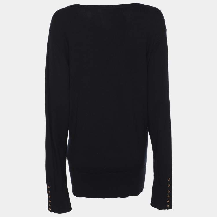 Pre Owned Marina Sport by Marina Rinaldi Navy Blue Stretch Knit Button Front Sweater L 