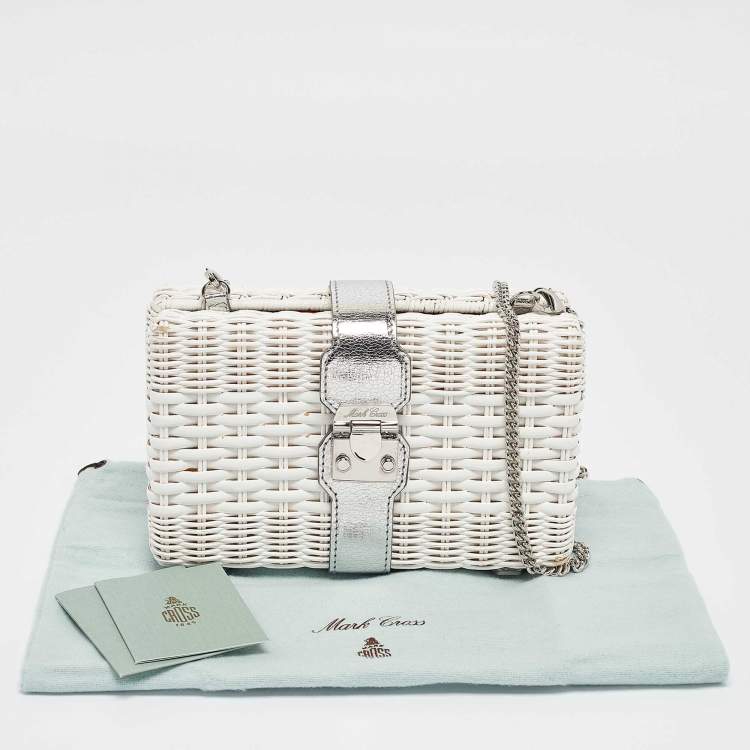 Pre Owned Mark Cross White/Siler Woven Rattan and Patent Leather Chain Clutch