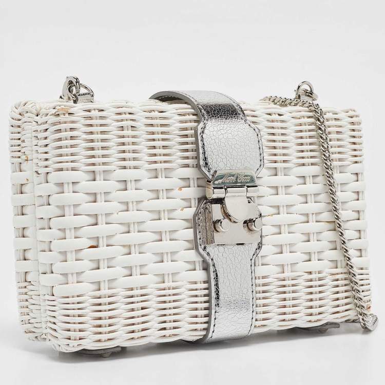 Pre Owned Mark Cross White/Siler Woven Rattan and Patent Leather Chain Clutch