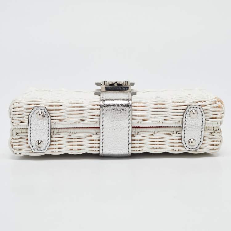 Pre Owned Mark Cross White/Siler Woven Rattan and Patent Leather Chain Clutch