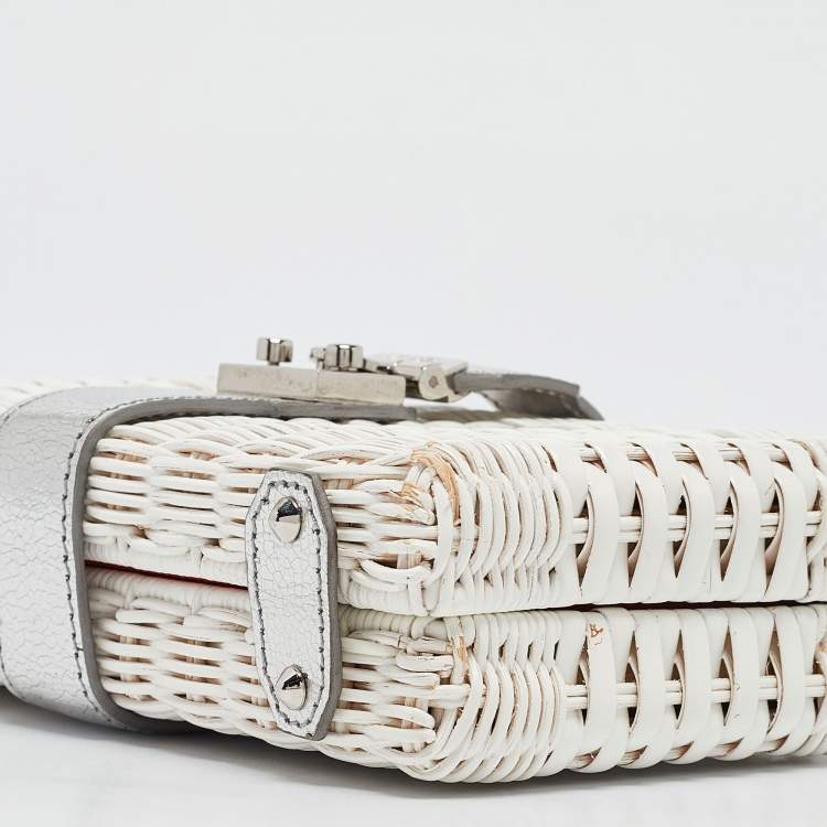 Pre Owned Mark Cross White/Siler Woven Rattan and Patent Leather Chain Clutch