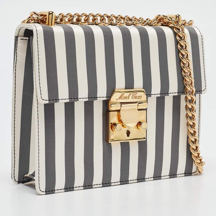 Pre Owned Mark Cross Grey/White Satin Stripe Zelda Chain Bag