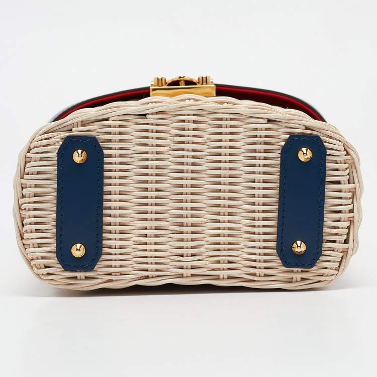 Pre Owned Mark Cross Navy Blue/Tan Rattan Benchley Top Handle Bag