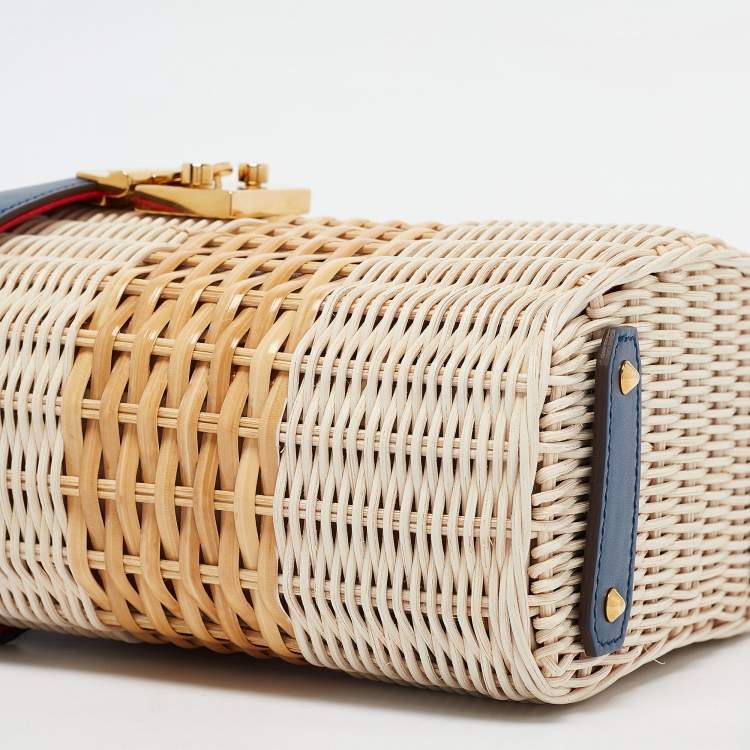Pre Owned Mark Cross Navy Blue/Tan Rattan Benchley Top Handle Bag