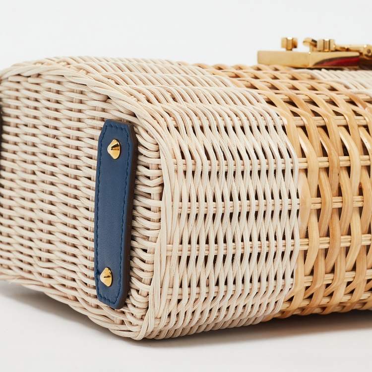 Pre Owned Mark Cross Navy Blue/Tan Rattan Benchley Top Handle Bag