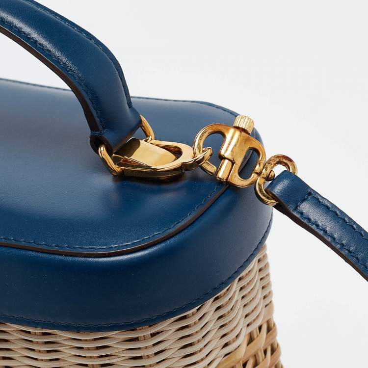 Pre Owned Mark Cross Navy Blue/Tan Rattan Benchley Top Handle Bag