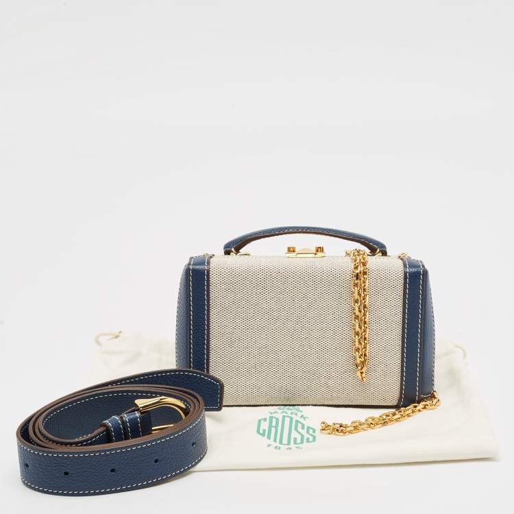 Pre Owned Mark Cross Navy Blue/White Canvas and Leather Box Belt Convertible Bag