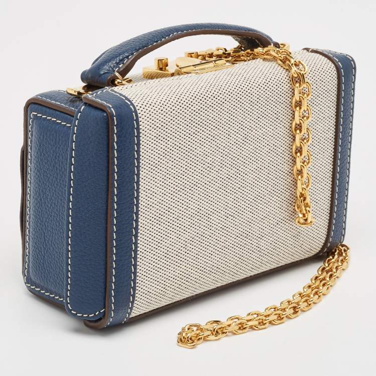 Pre Owned Mark Cross Navy Blue/White Canvas and Leather Box Belt Convertible Bag